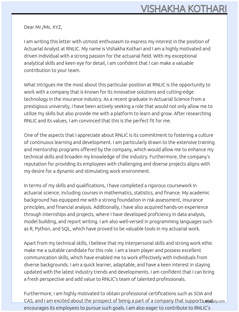 actuarial analyst At RNLIC Cover Letter