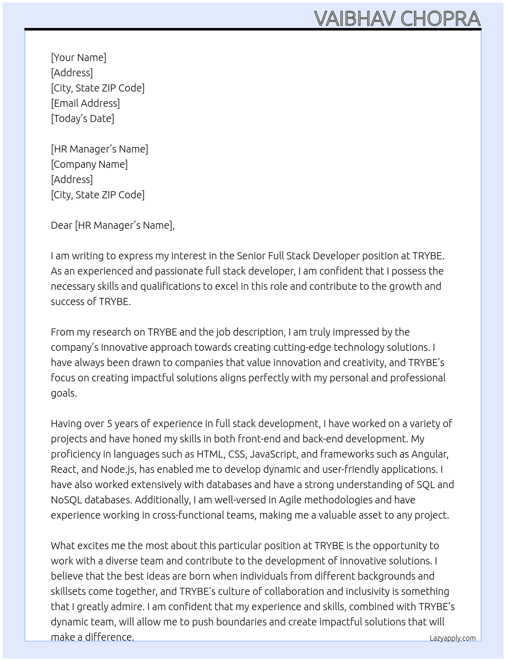 Senior Full Stack Developer At TRYBE Cover Letter