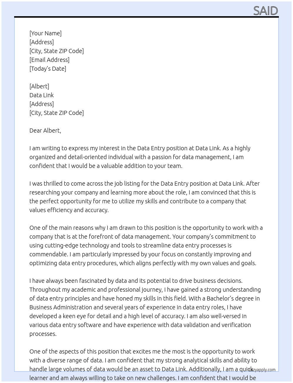 Data Entry  At data link Cover Letter