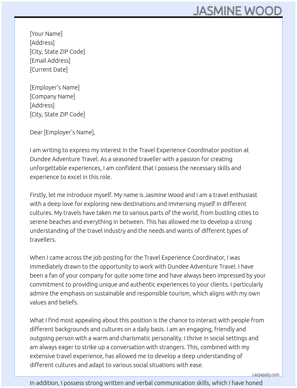 Travel experience coordinator At Dundee Adventure travel Cover Letter