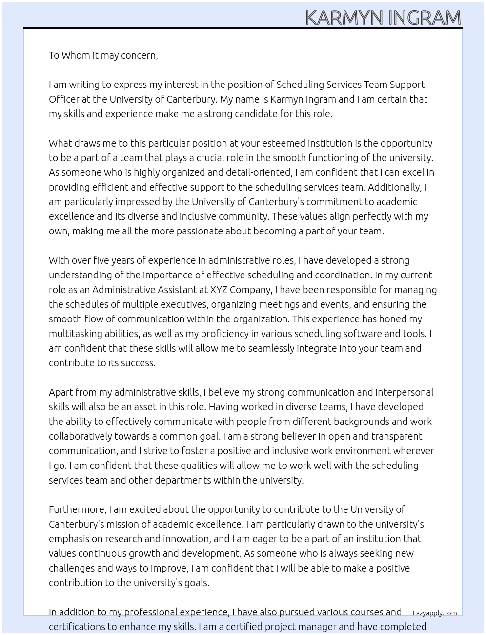 Cover letter for scheduling services team support officer - LazyApply