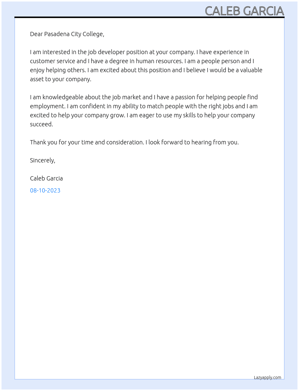 Job developer  At pasadena city college Cover Letter