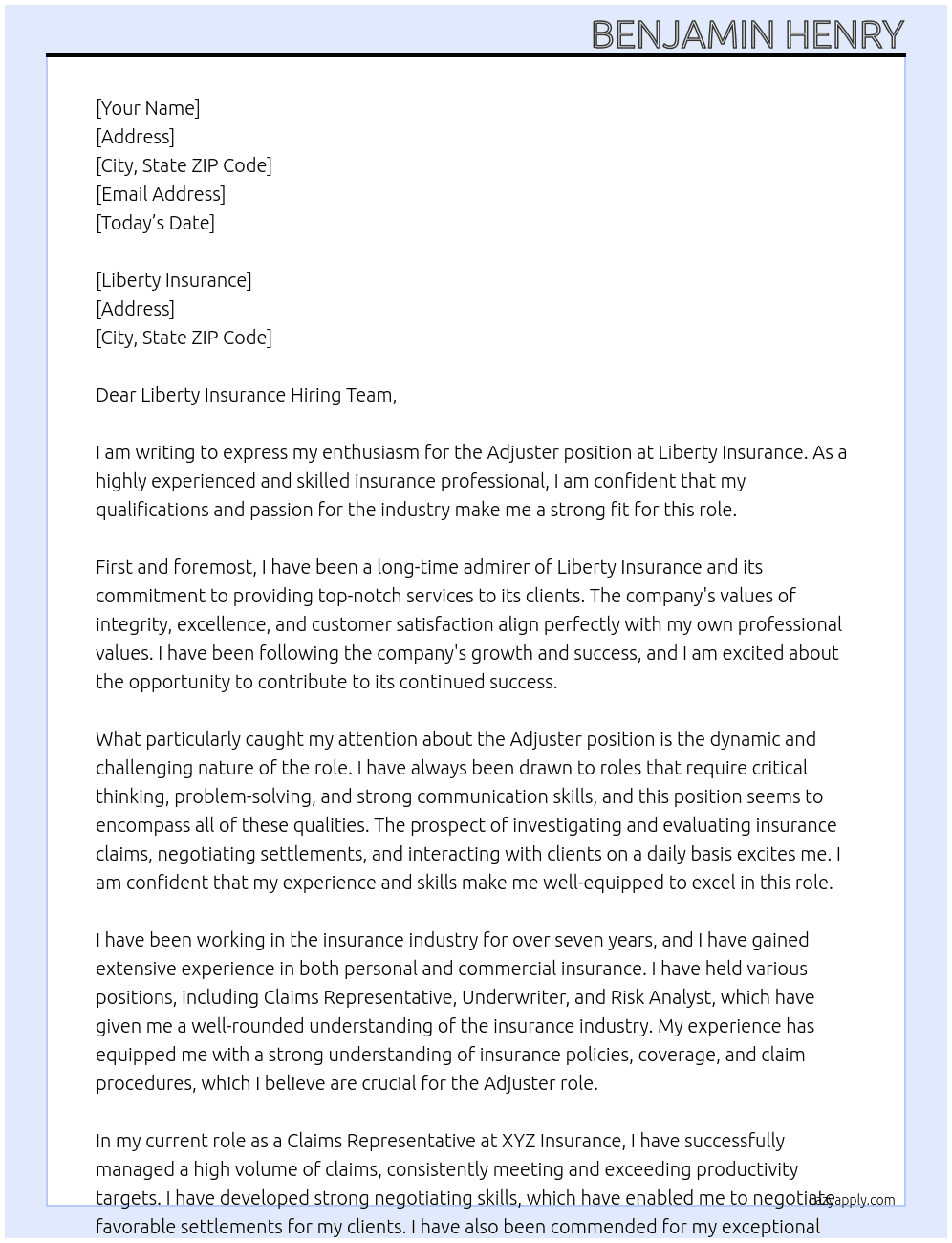 Adjuster At Liberty Insurance Cover Letter