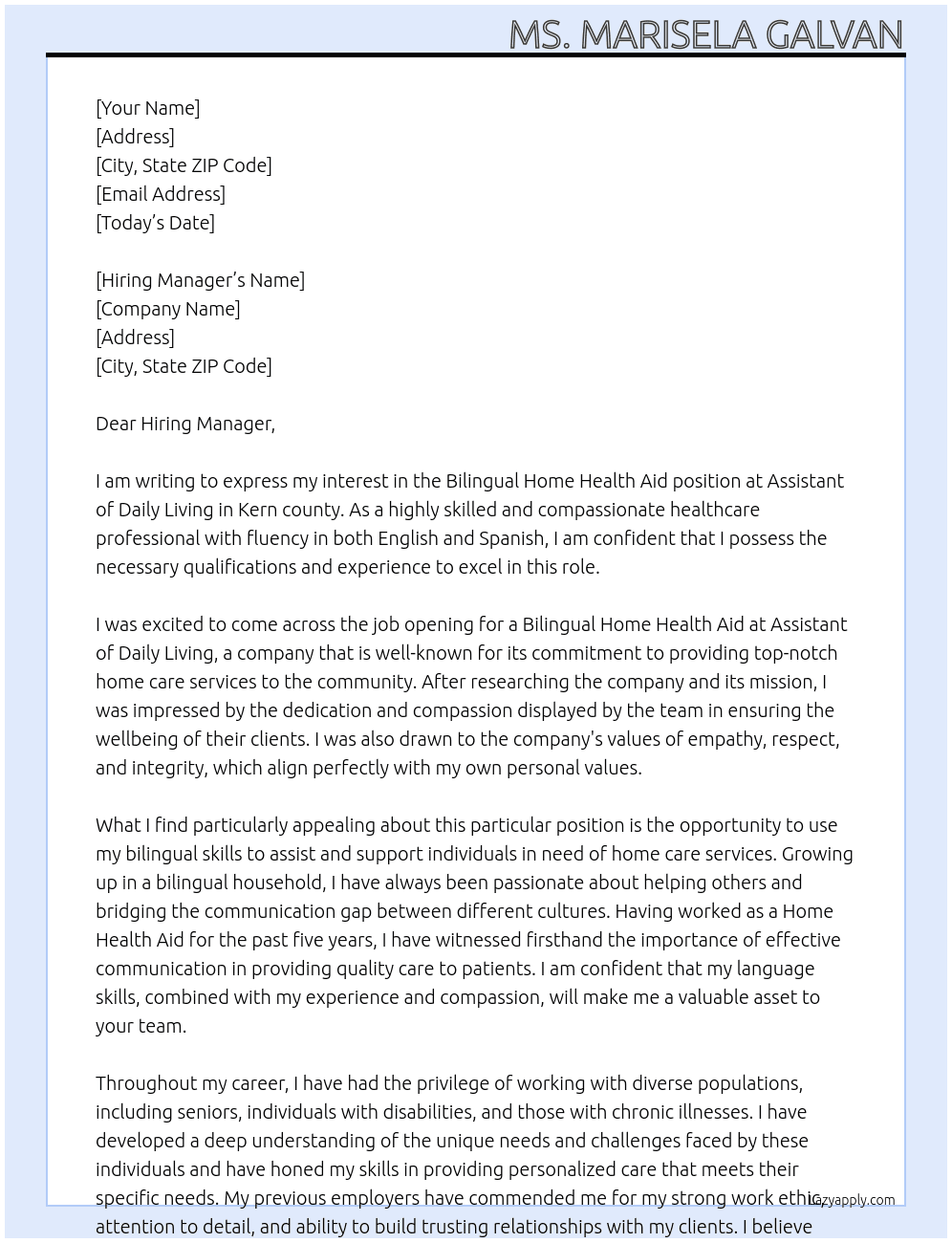 Bilingual Home Health Aid At Assistant of Daily Living Cover Letter