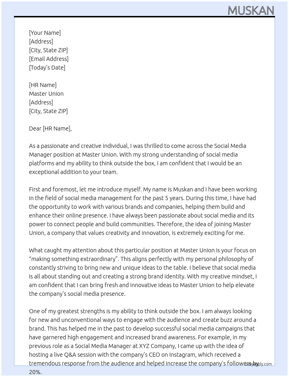 Social media manager  At Master union  Cover Letter