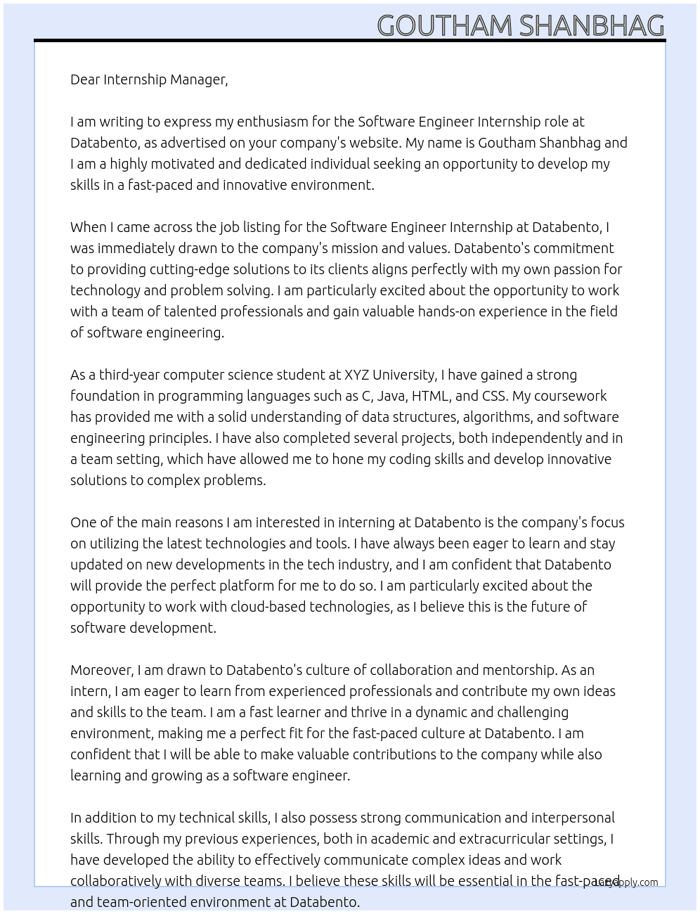 Software Engineer Internship  At Databento Cover Letter