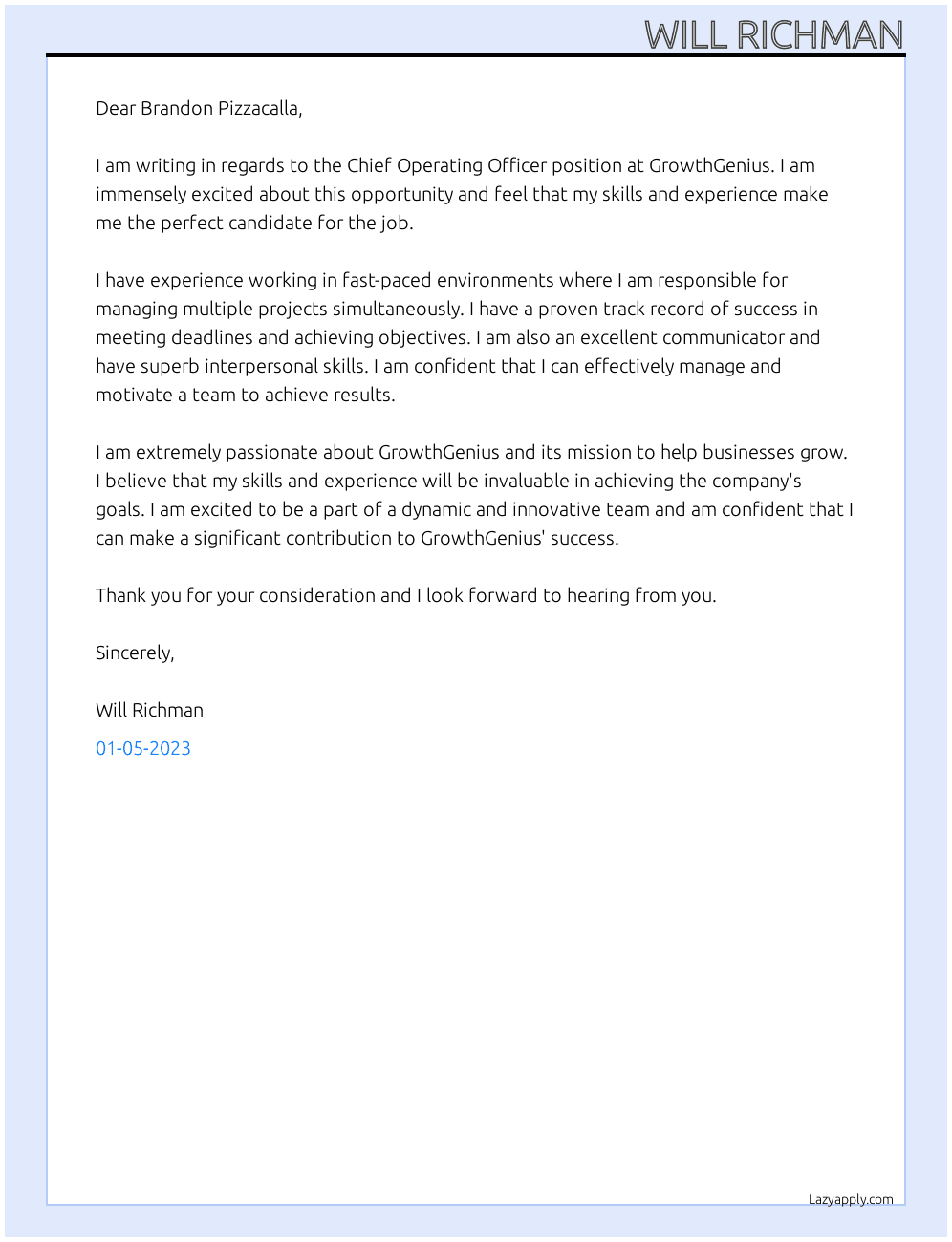 Chief Operating Officer At GrowthGenius Cover Letter
