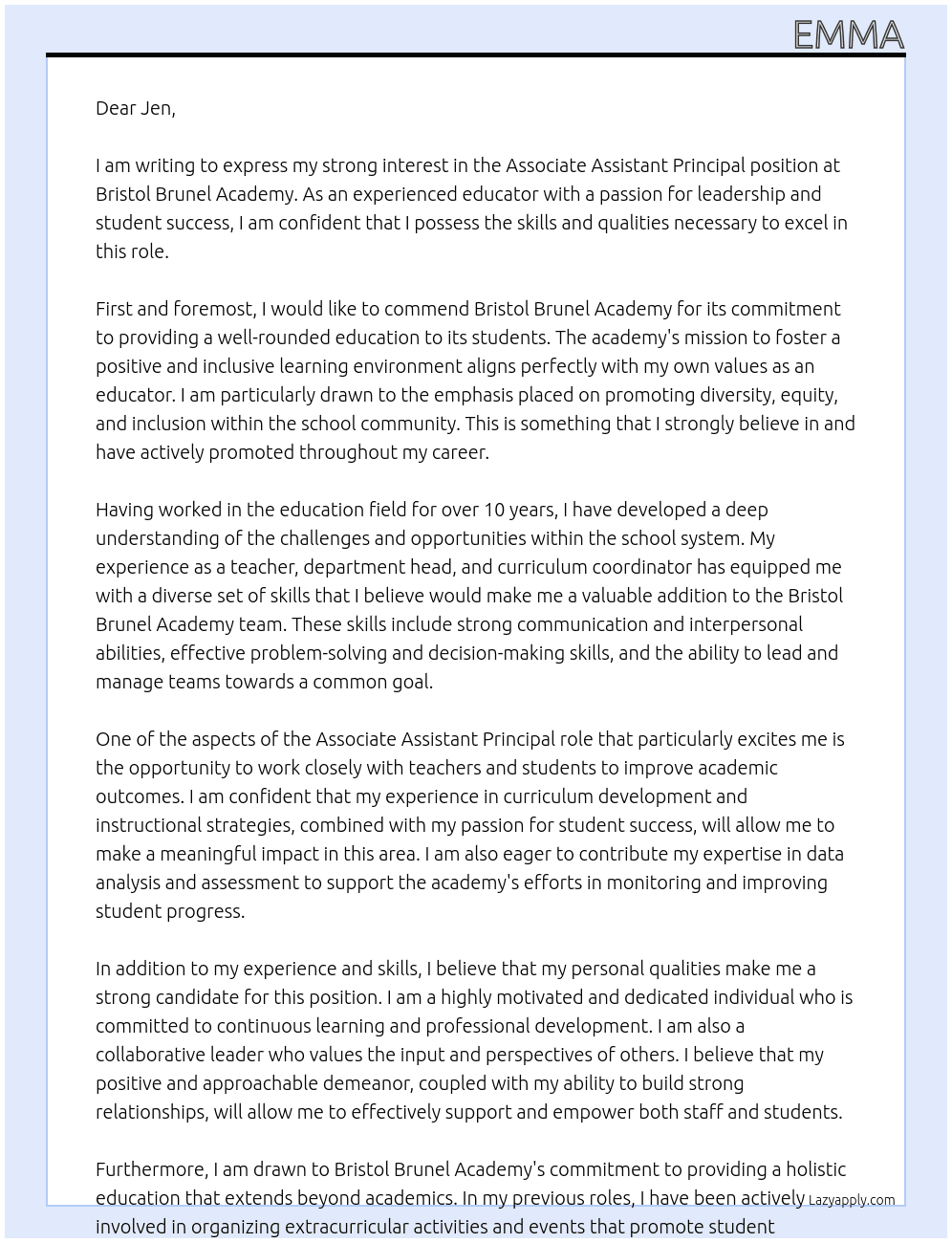 Associate assistant principal At Bristol Brunel Academy Cover Letter