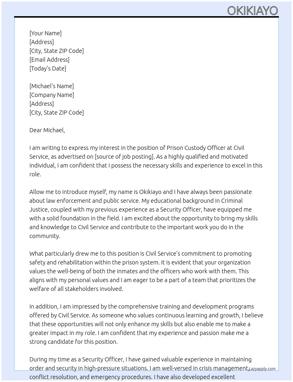 PRISON CUSTODY OFFICER At Civil Service Cover Letter