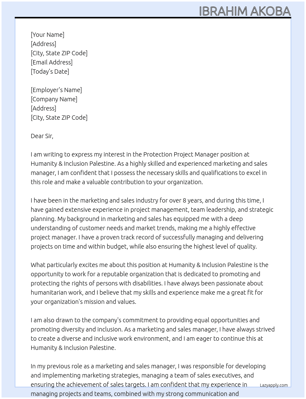 Protection Project Manager At Humanity & Inclusion Palestine  Cover Letter
