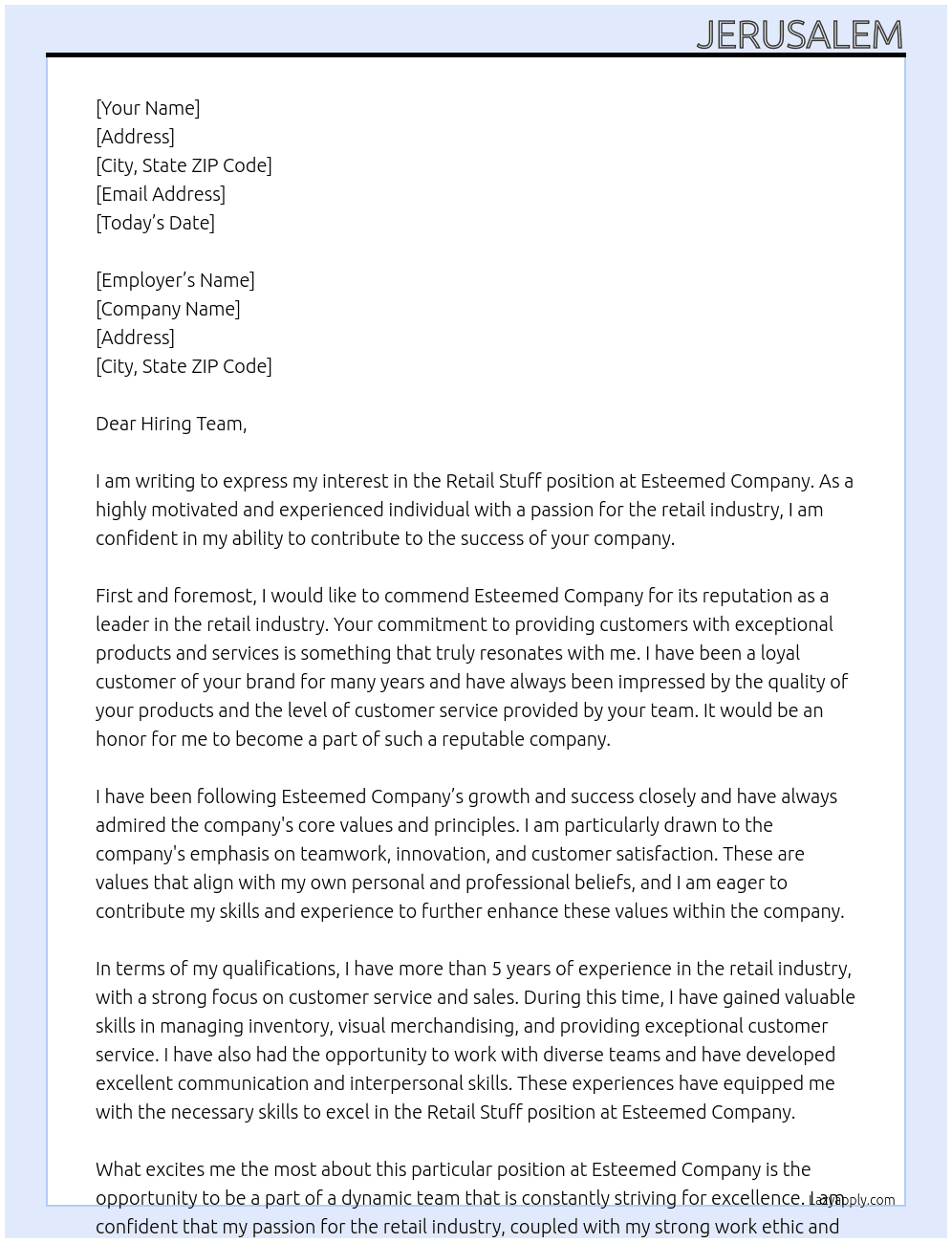 Retail Stuff At Esteemed Company   Cover Letter