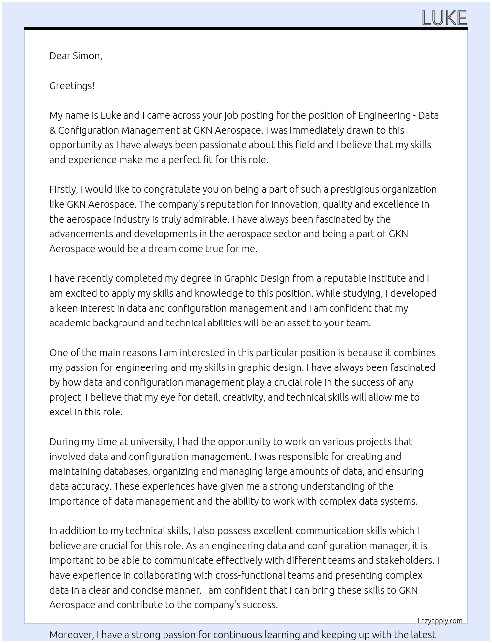 Engineering - Data & Configuration Management At GKN Aerospace Cover Letter