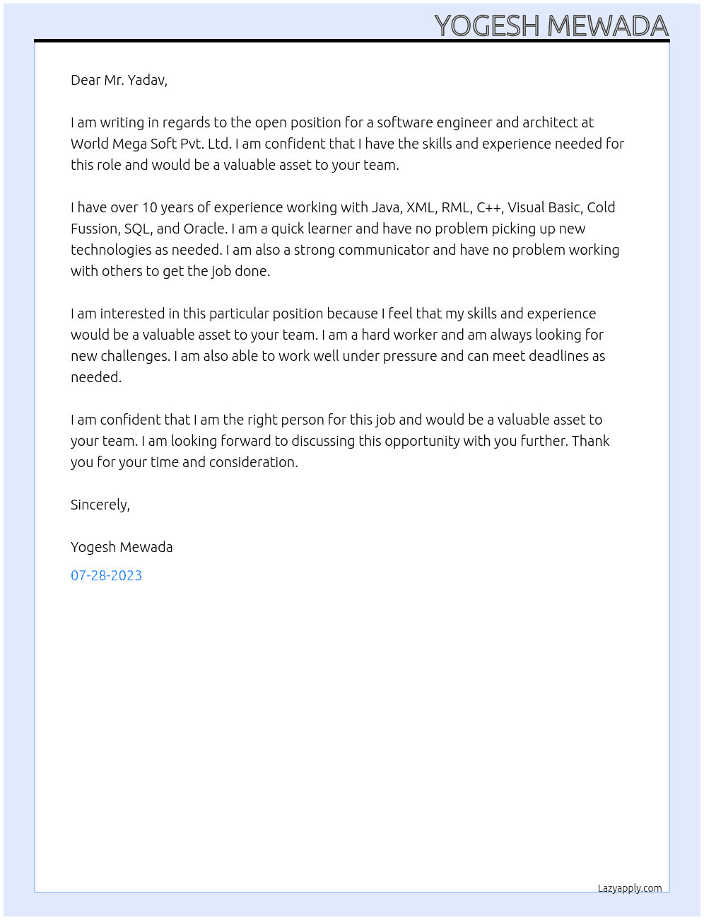 Software Engineer and architecture  At World Mega Soft Pvt. Ltd.  Cover Letter