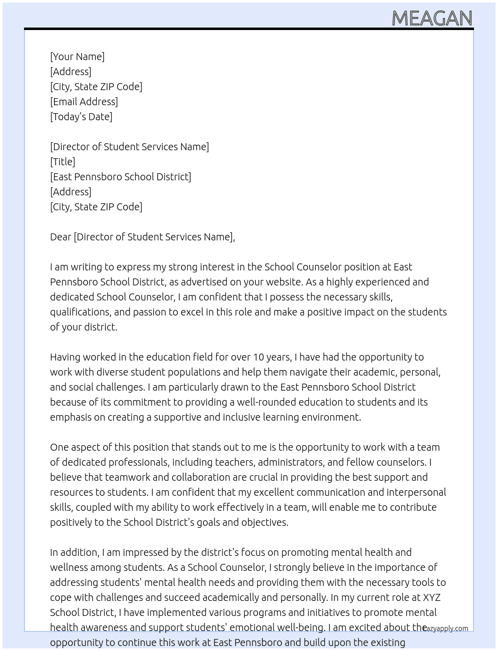 School counselor At East Pennsboro School District Cover Letter