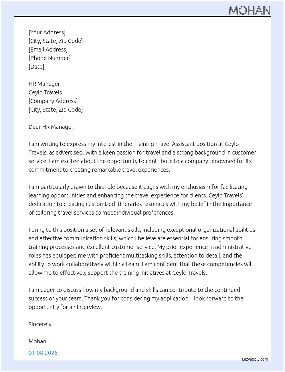 training travel assistant At Ceylo Travels Cover Letter