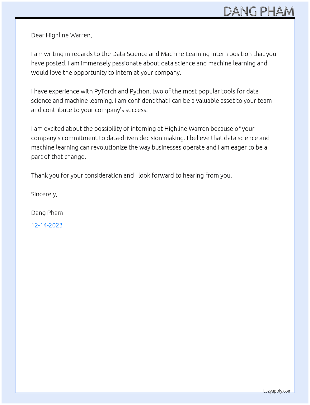 Data Science and Machine Learning Intern At Highline Warren  Cover Letter