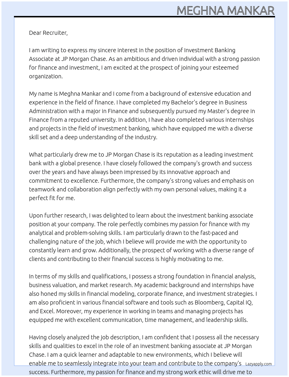 investment banking associate At jp morgon chase Cover Letter