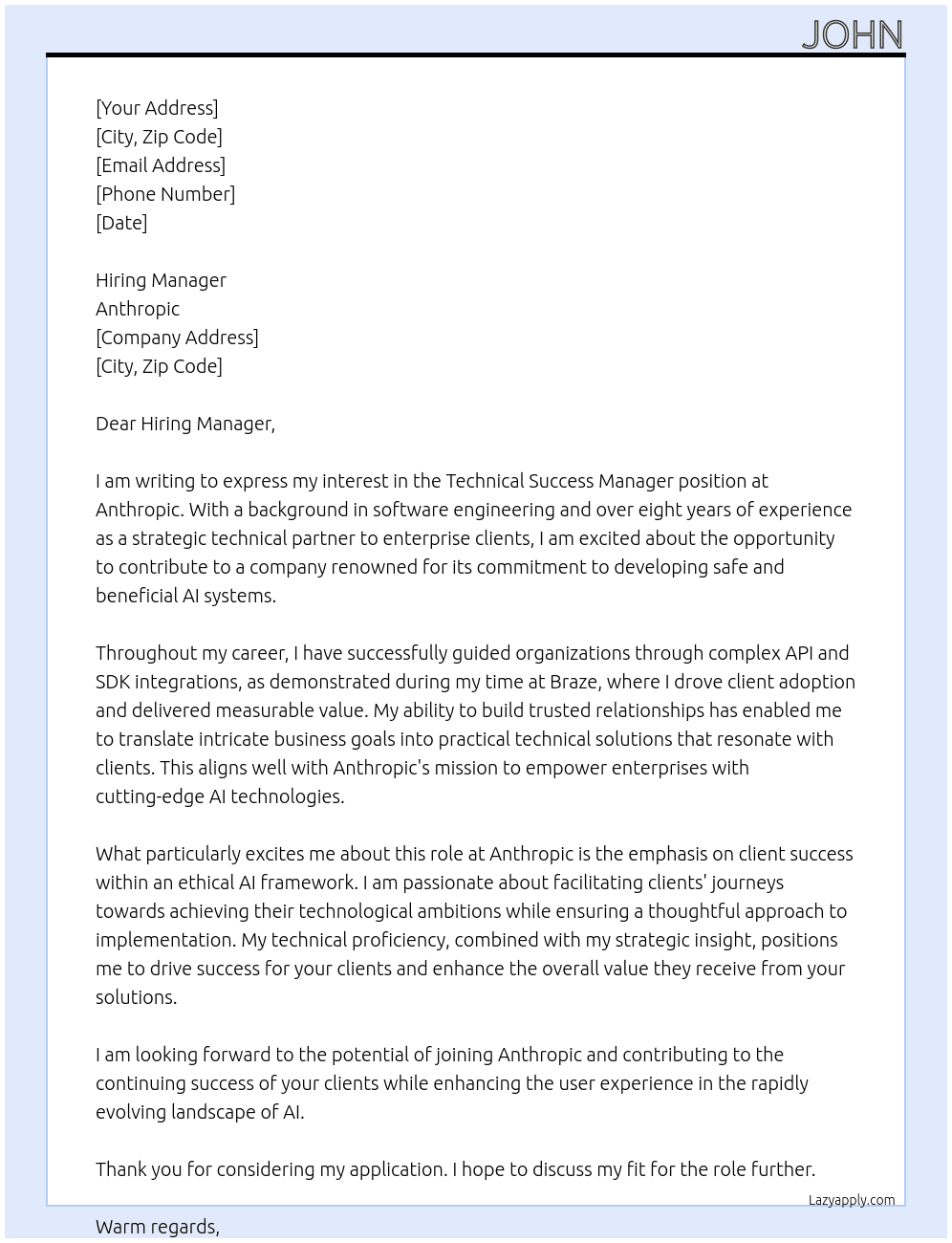 Technical Success Manager At Anthropic Cover Letter