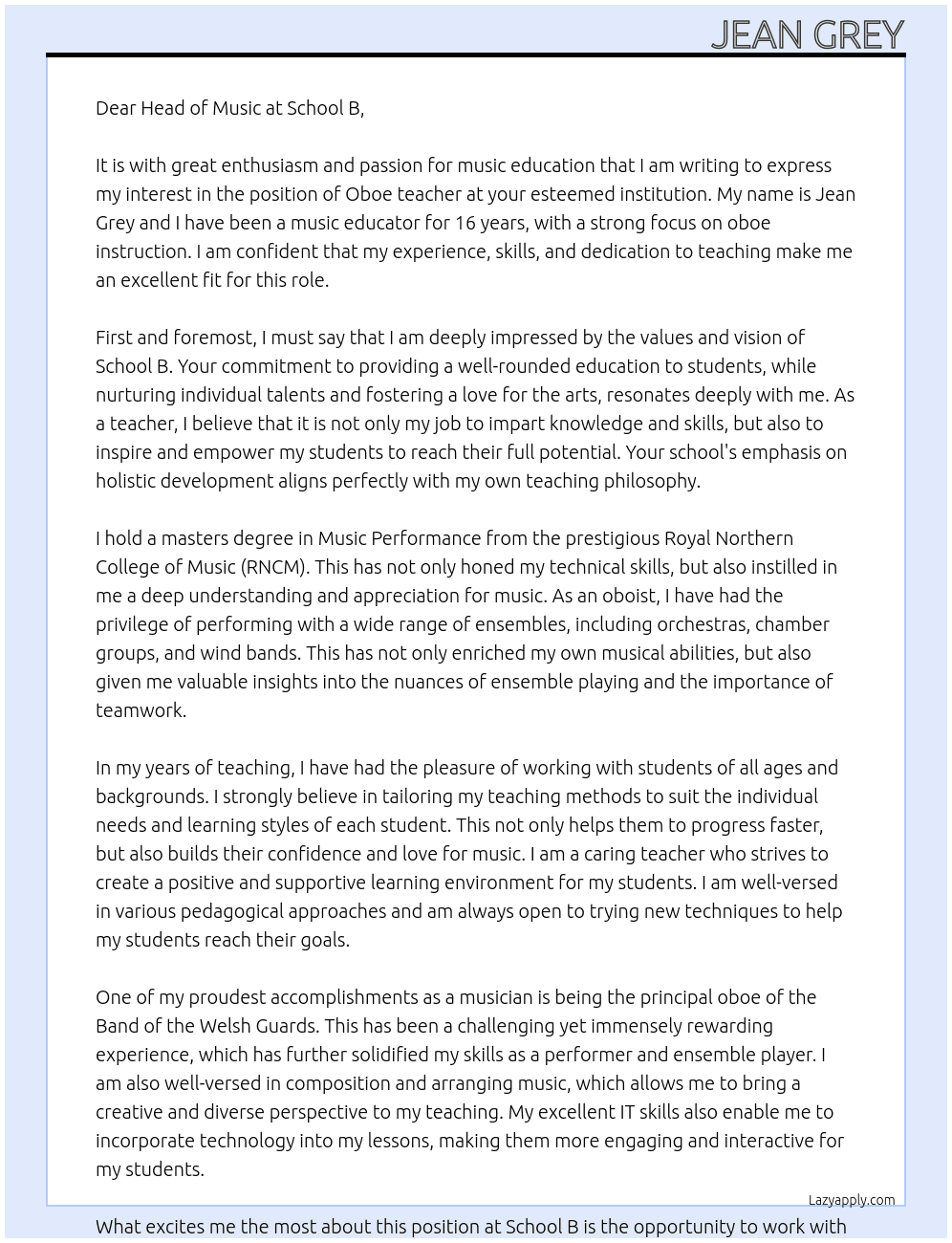 Oboe teacher At School B Cover Letter