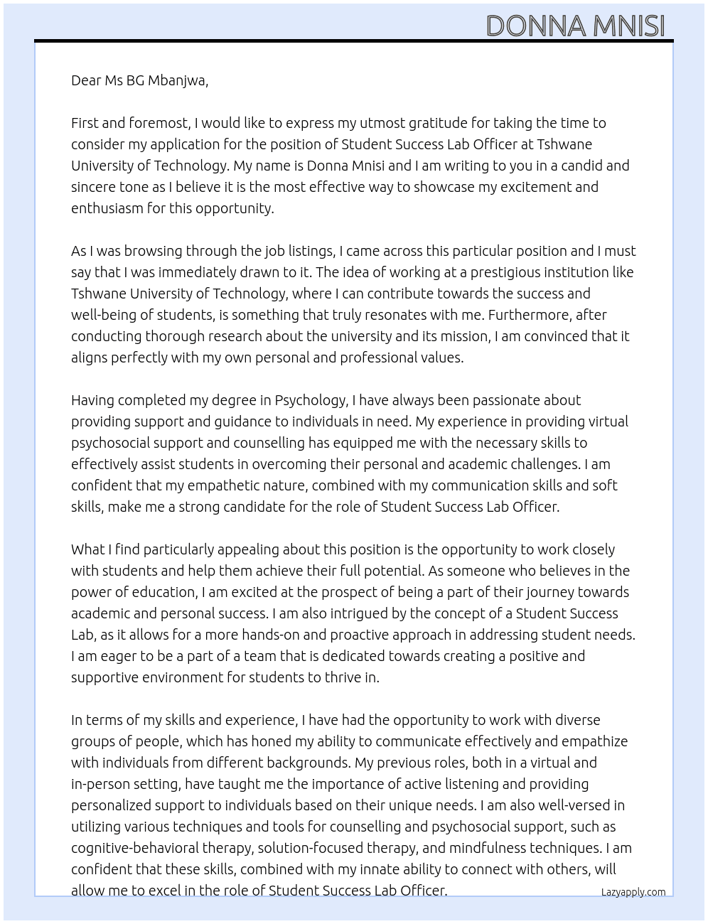 Student Success Lab officer  At Tshwane University of Technology  Cover Letter