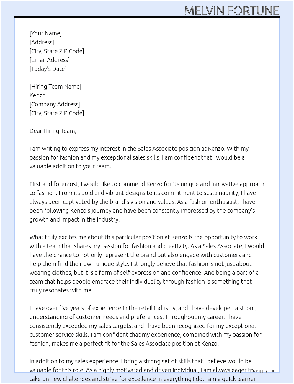 Sales associate  At Kenzo  Cover Letter