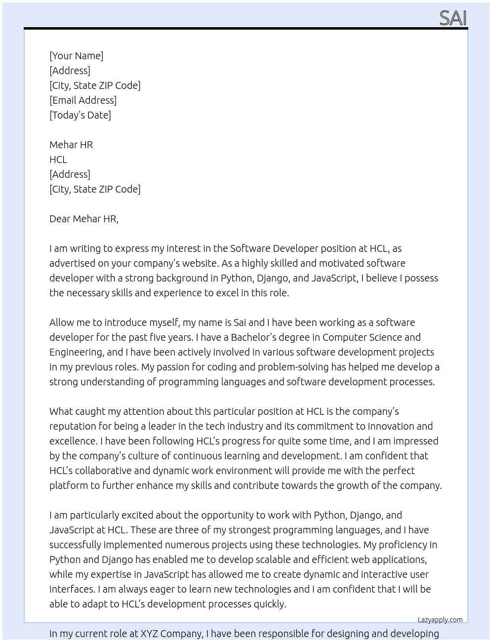 software developer At hcl Cover Letter