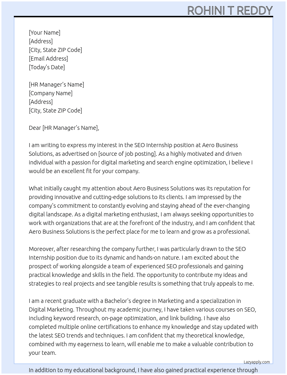 SEO internship At Aero Business Solutions Cover Letter