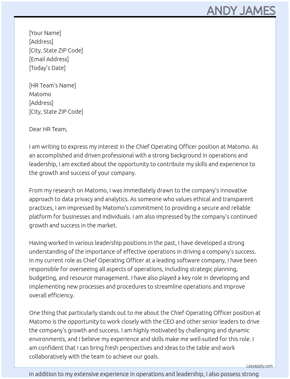 Chief Operating Officer  At Matomo Cover Letter