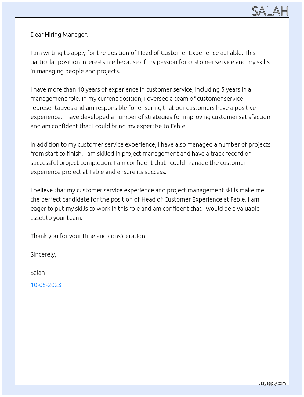Head of Customer Experience At Fable Cover Letter