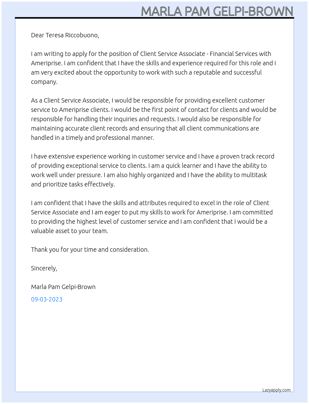Client Service Associate - Financial Services At Ameriprise Cover Letter