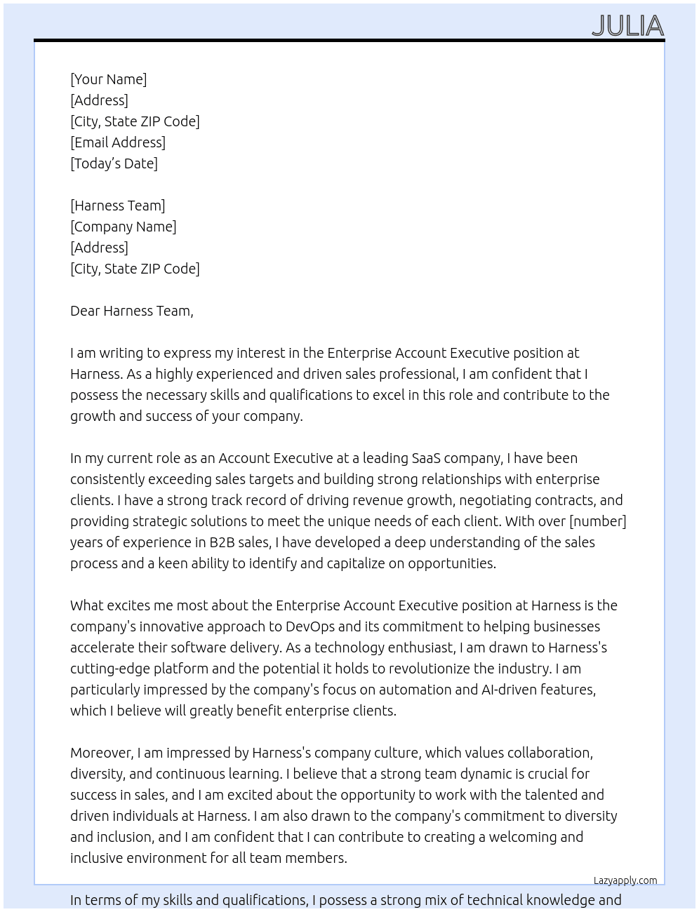 Enterprise Account Executive At Harness Cover Letter