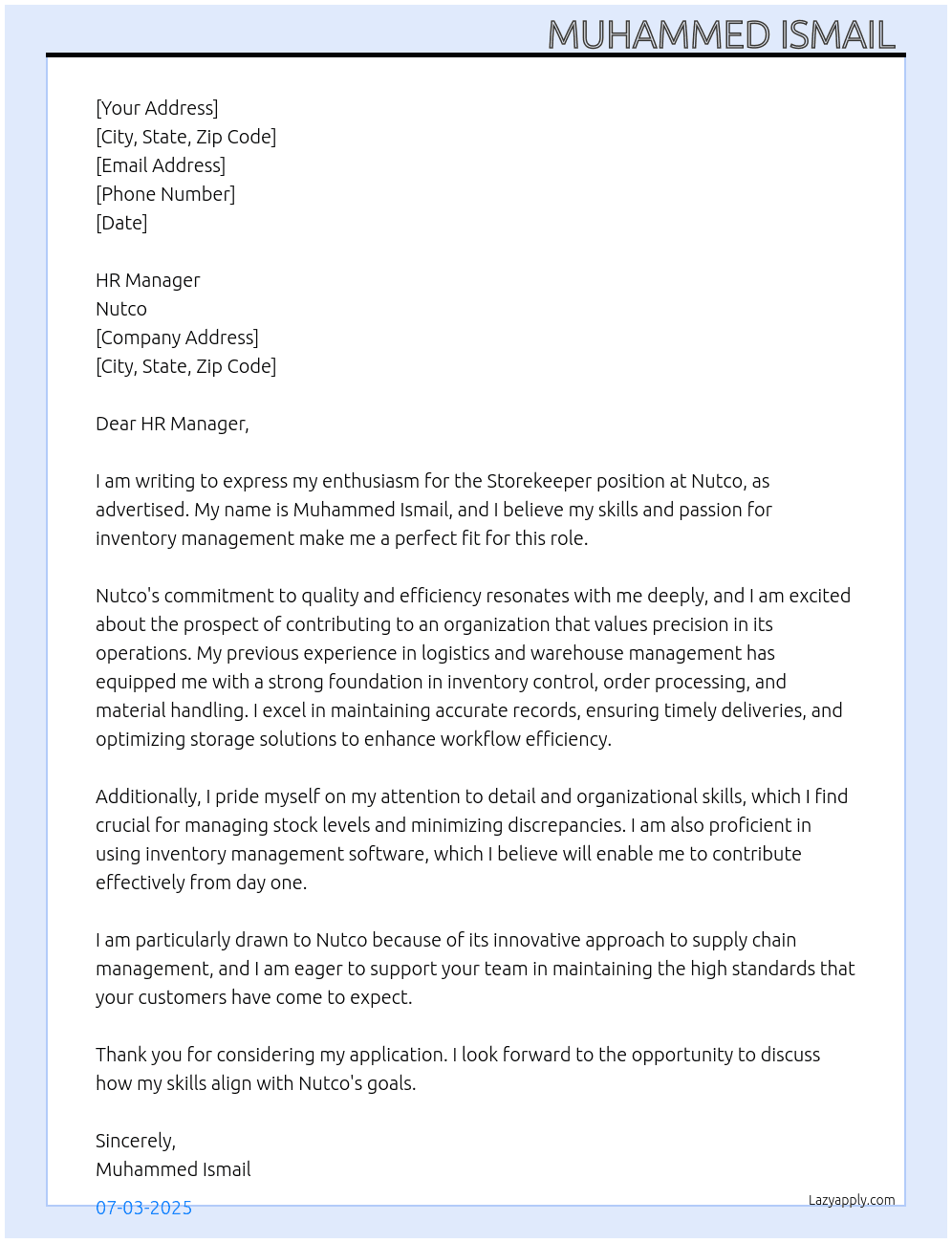 Storekeeper  At Nutco Cover Letter