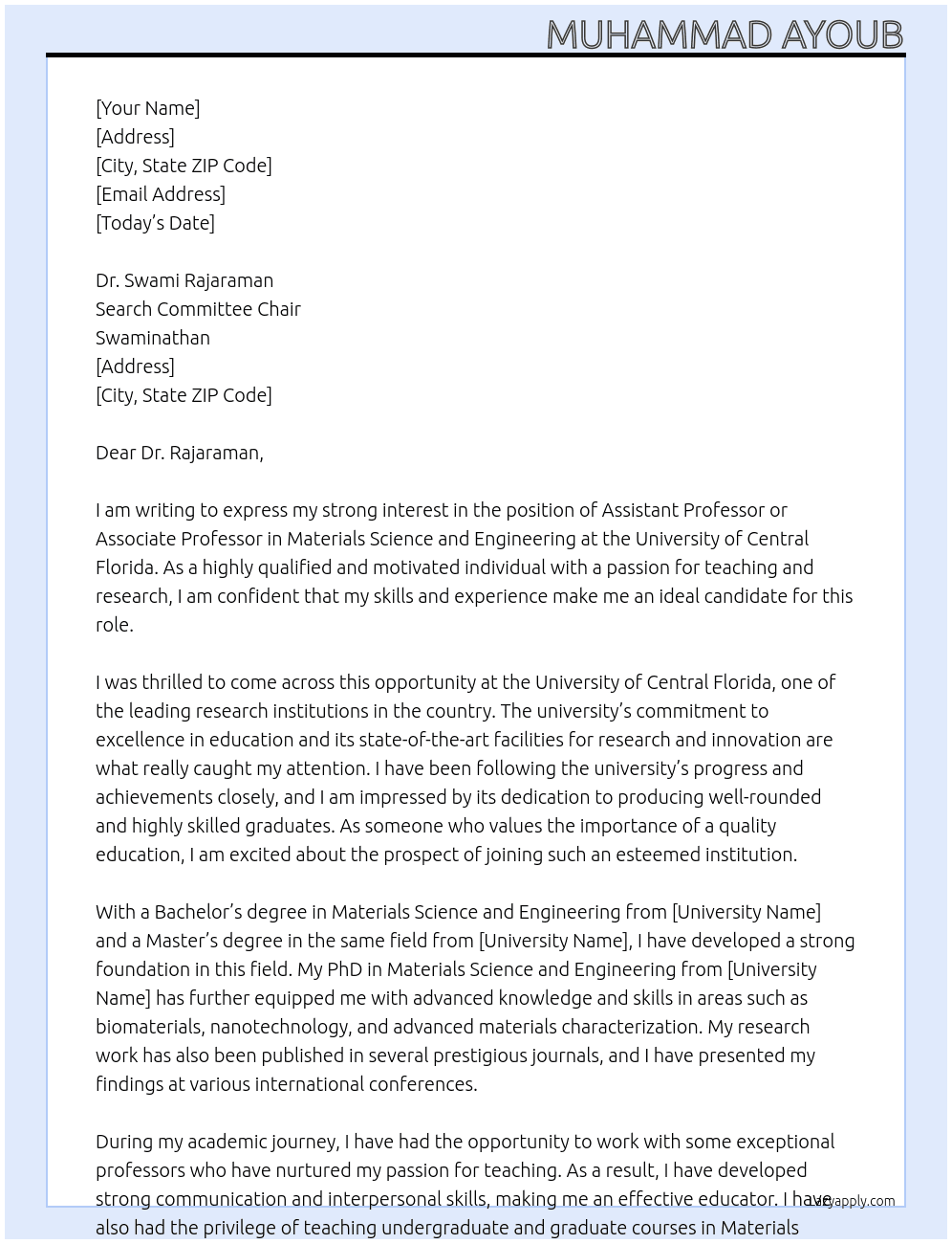 Assistant Professor or Associate Professor, Materials Science and Engineering At University of Central Florida · Greater Orlando Cover Letter