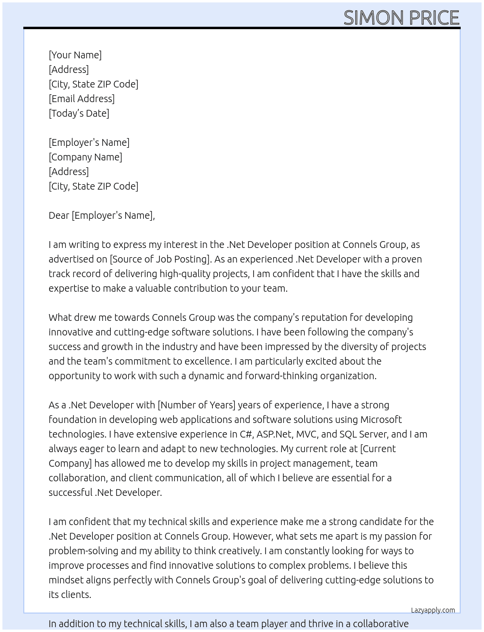 .Net Developer At Connels Group Cover Letter