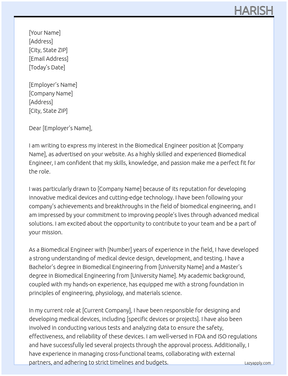 Biomedical engineer At Ex Cover Letter