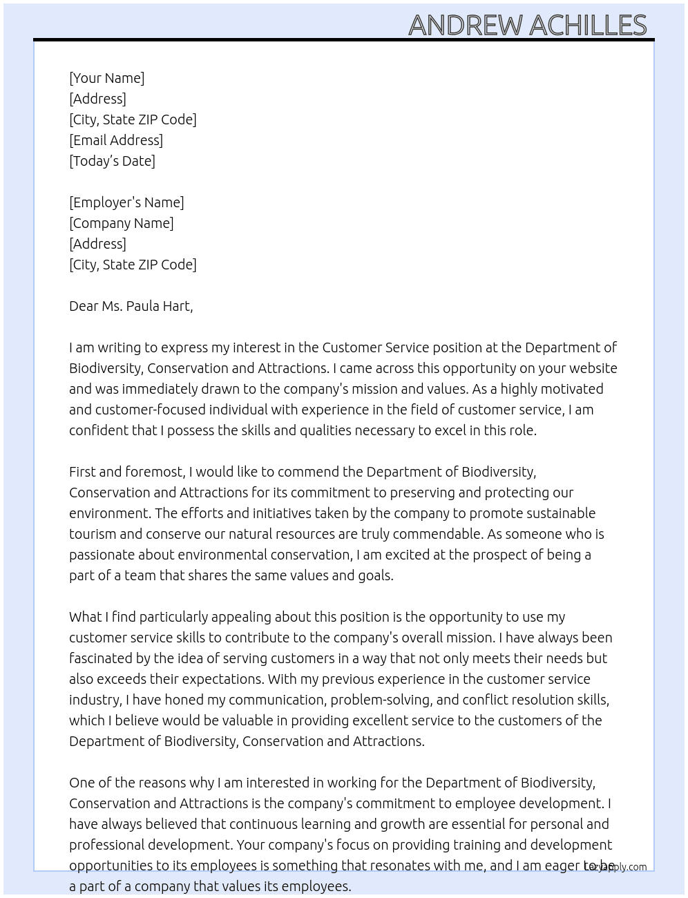 Customer service At Department of biodiversity, conservation and attractions  Cover Letter