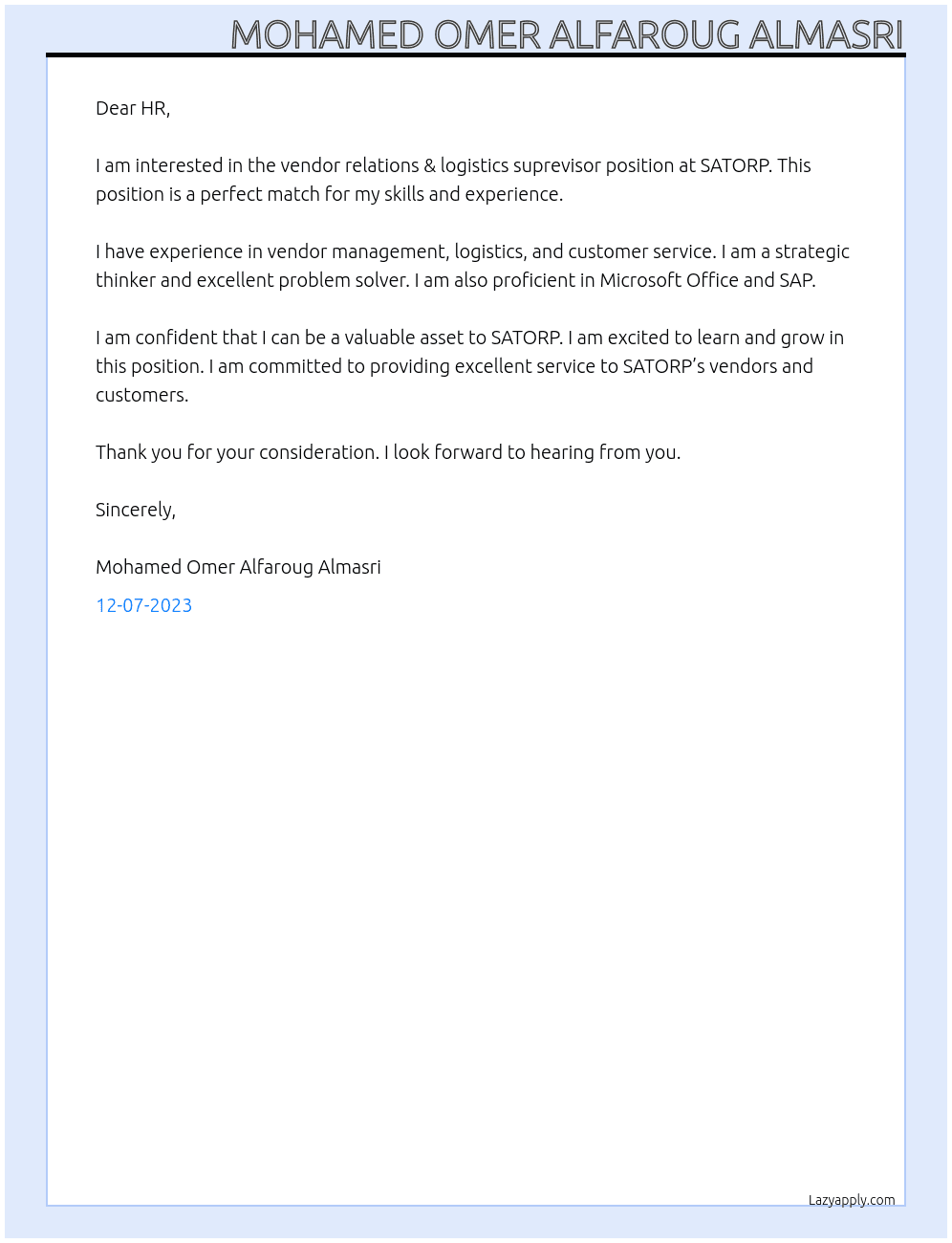 vendor relations & logistics suprevisor At SATORP Cover Letter