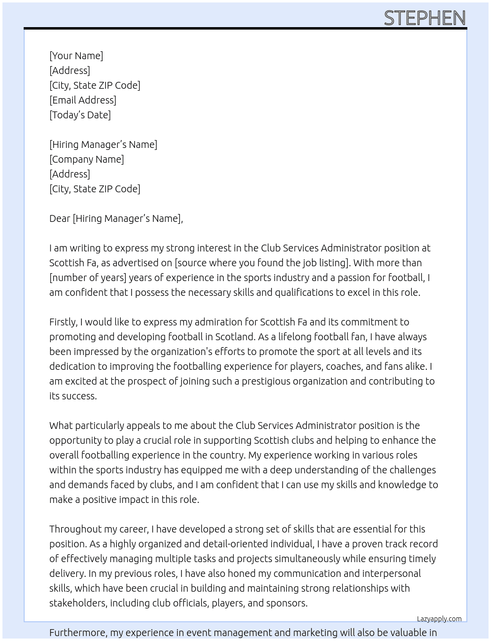 Club Services Administrator  At Scottish Fa Cover Letter