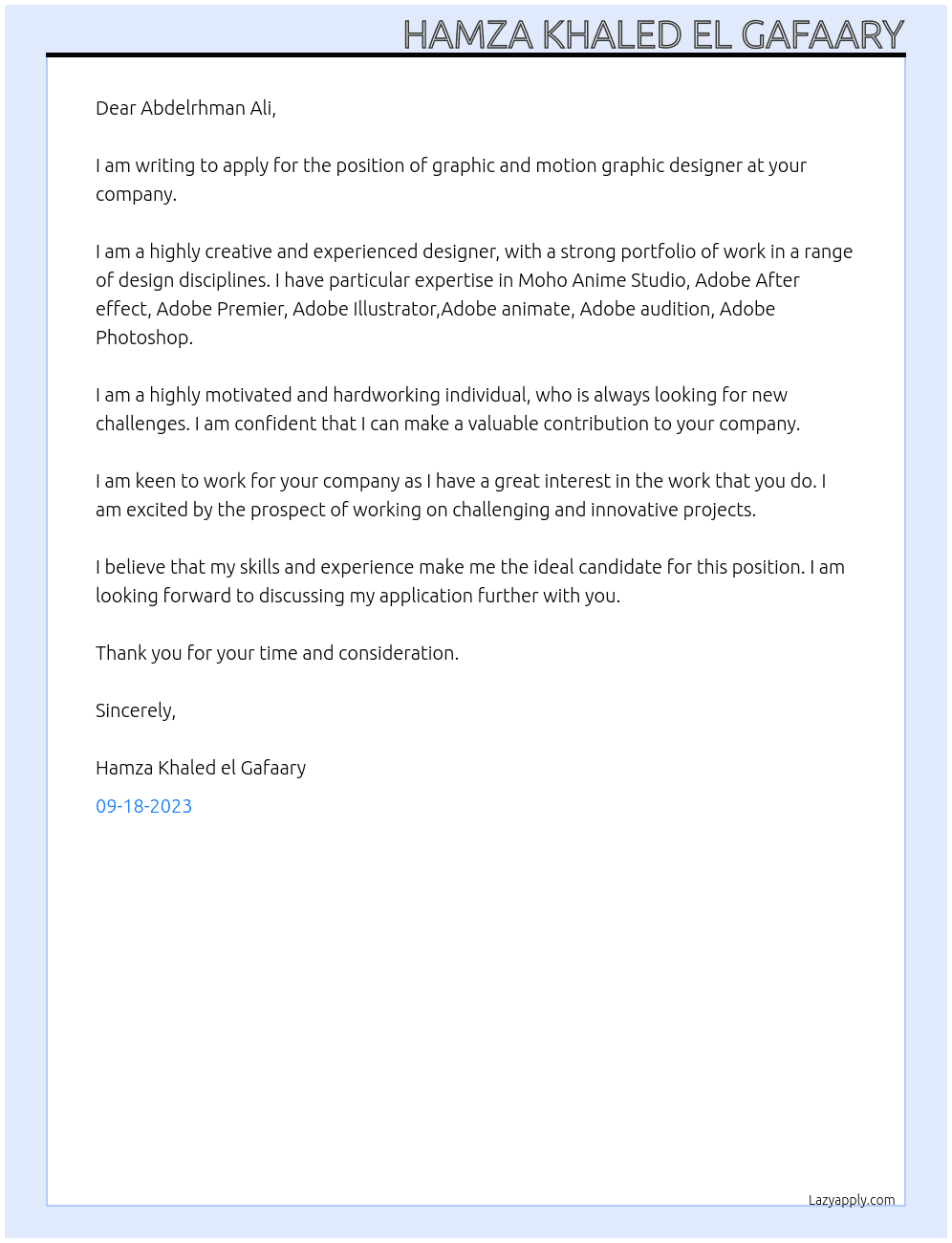 graphic and motion graphic designer  At abdelrhman ali Cover Letter
