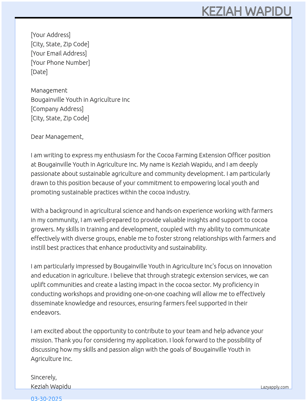 Cover letter for cocoa farming extension officer - LazyApply