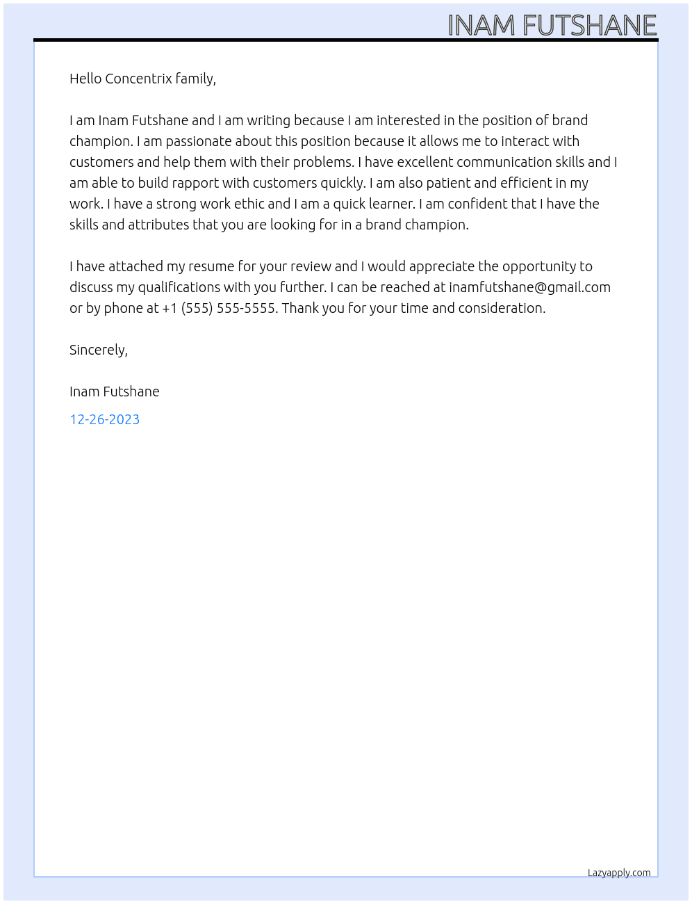 brand champion At Concentix webhelp Cover Letter