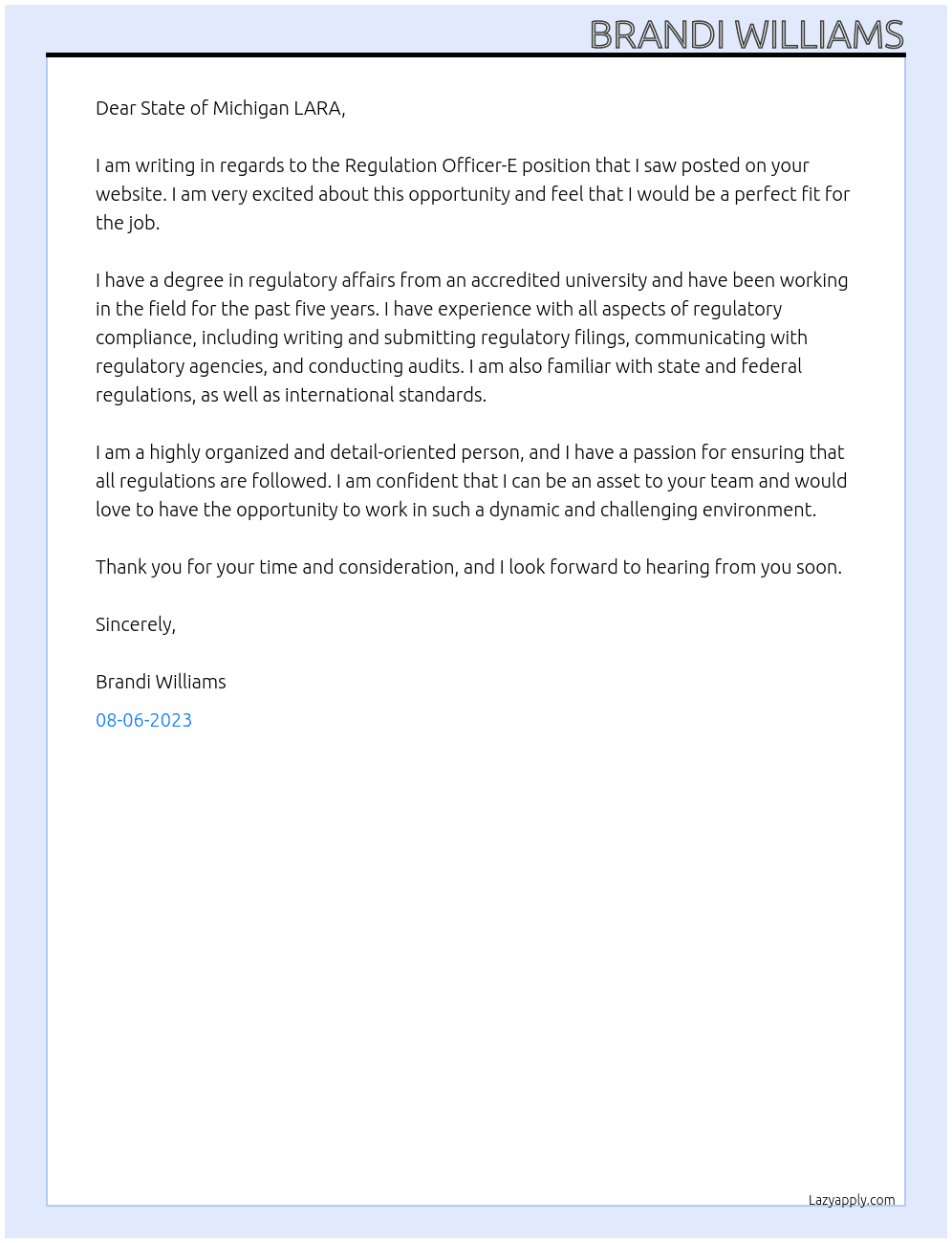 Regulation Officer-E  At  State of Michigan LARA  Cover Letter