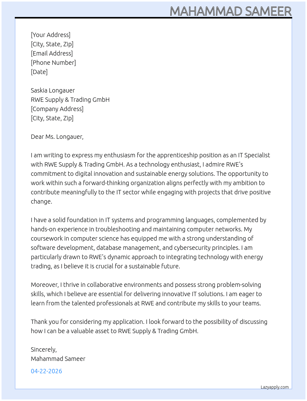 apprenticeship as an IT specialist At RWE Supply & Trading GmbH Cover Letter