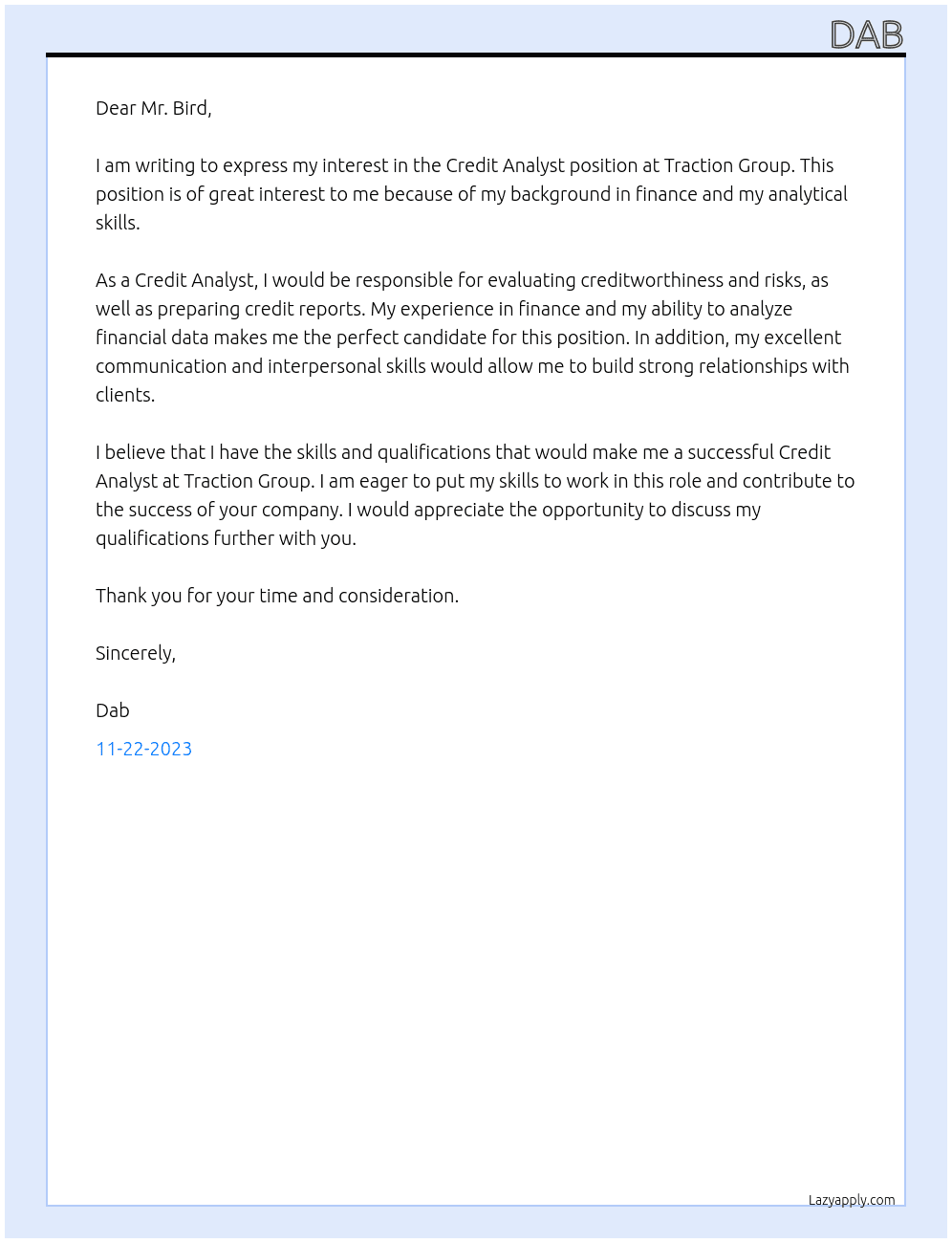 Credit Analyst At traction  group Cover Letter