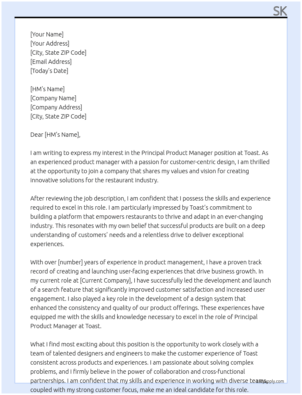 Principal Product Manager At Toast Cover Letter
