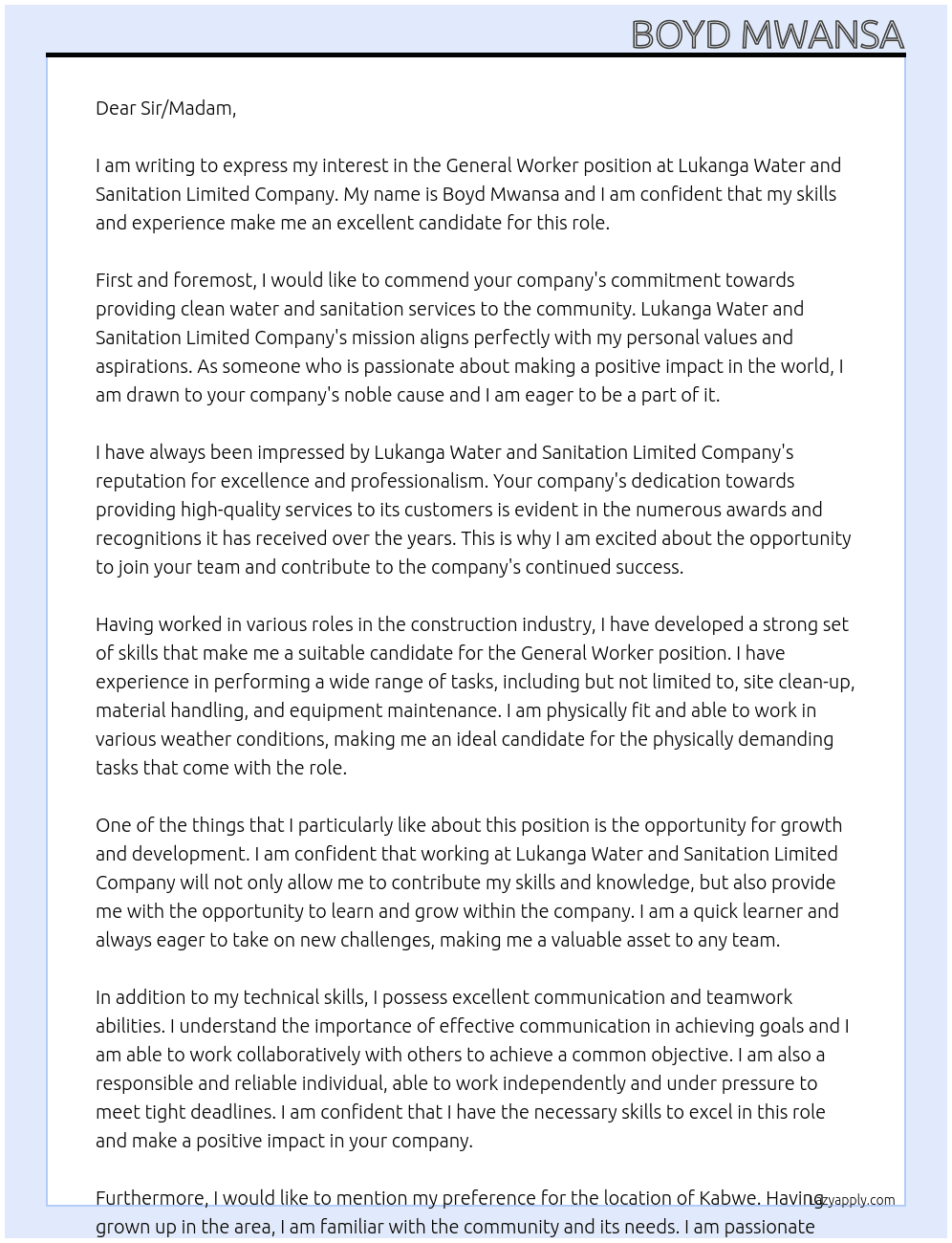 General worker At Lukanga water and sanitation limited company  Cover Letter
