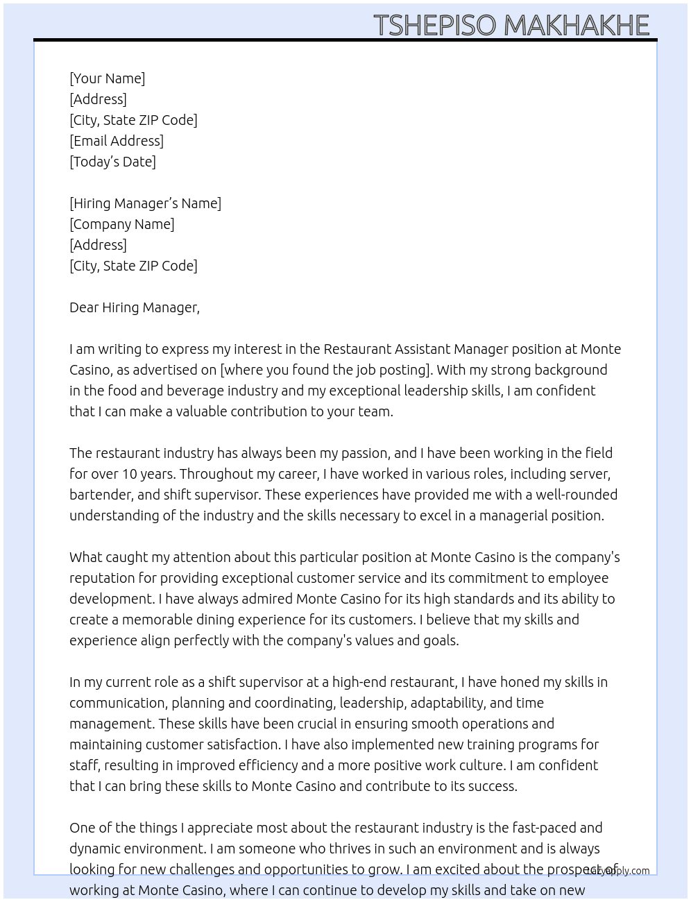 Restaurant Assistant Manager  At Monte Casino  Cover Letter