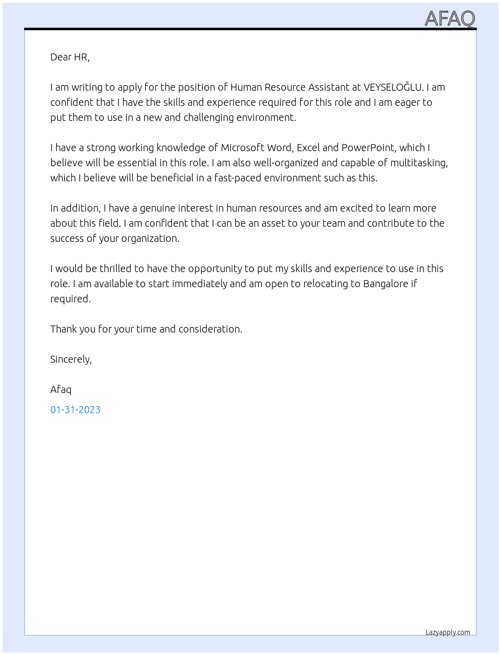 Human resource assistent  At VEYSELOĞLU Cover Letter