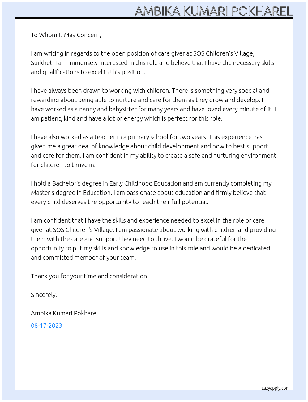 care giver At SOS Children's Village, Surkhet Cover Letter