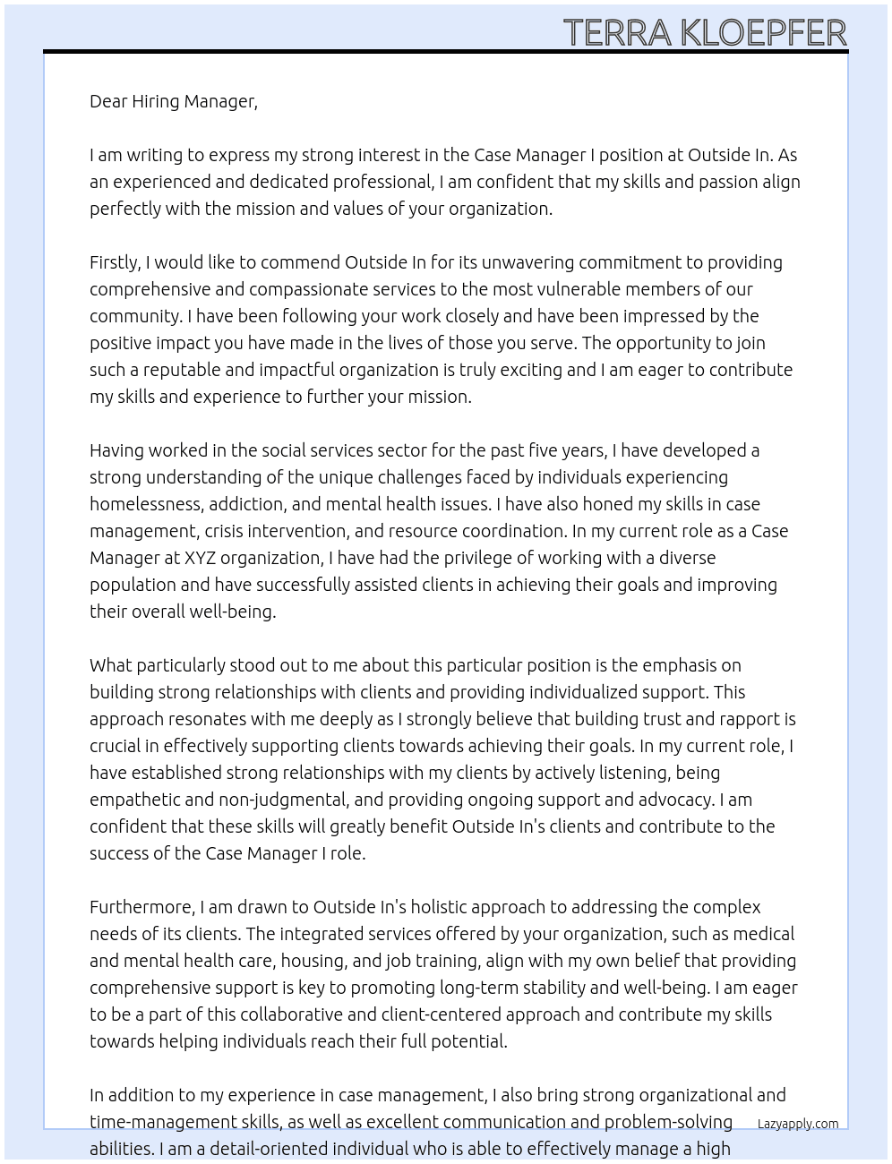 Case Manager I At Outside In Cover Letter